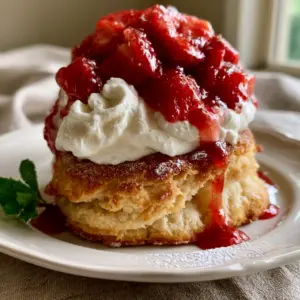 Close-up of a single serving of Strawberry Shortcake with a thick sugar-encrusted biscuit and glistening strawberries.