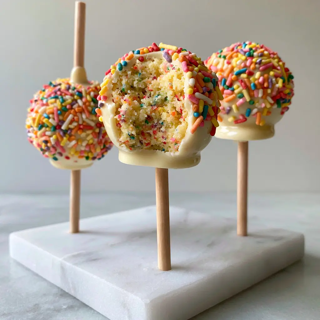 Funfetti Cake Pops: The Ultimate Professional Guide to Moist, Rainbow-Flecked Treats 1 Close up of glossy white chocolate funfetti cake pops with vibrant rainbow jimmies in natural morning light.