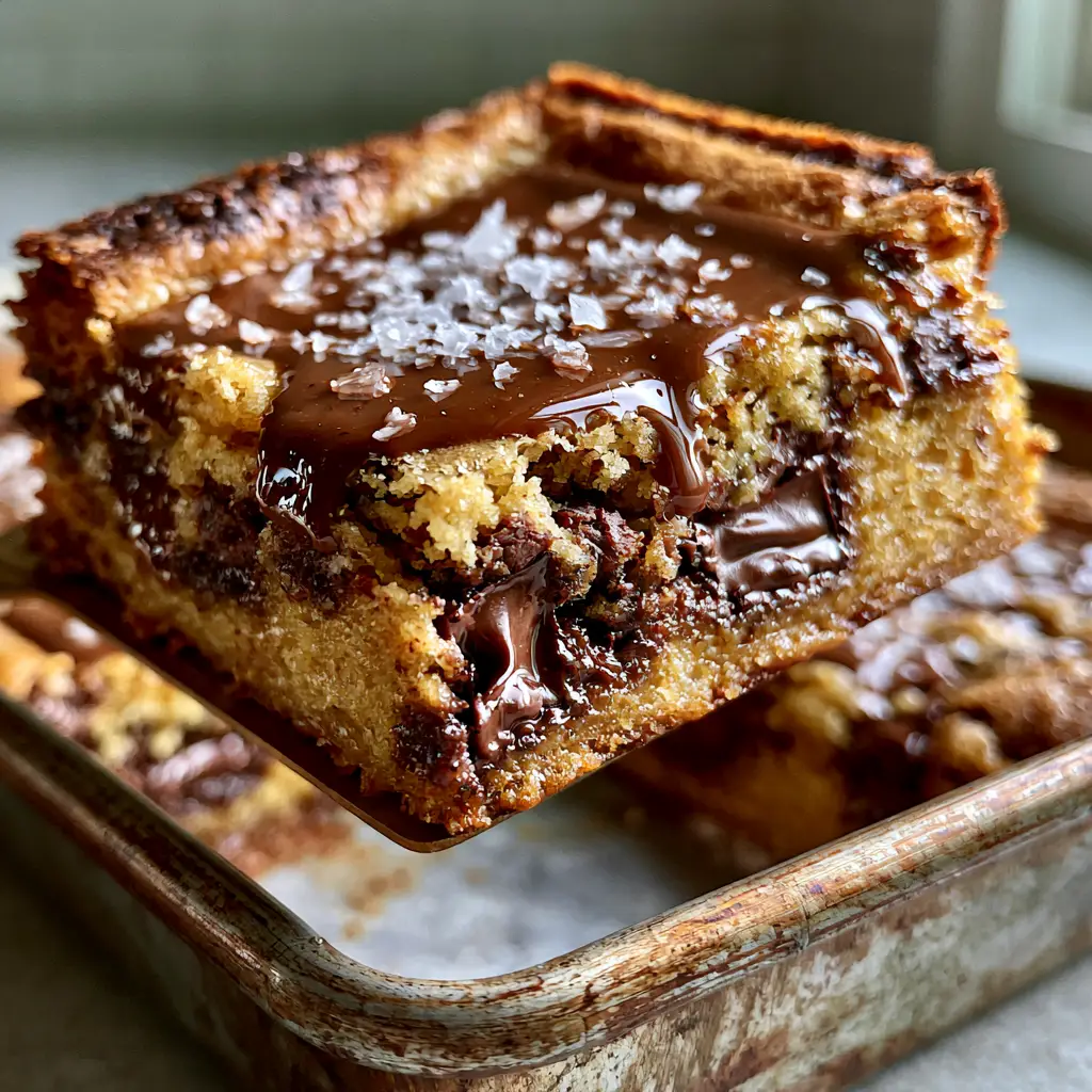 A stack of golden brown chocolate chip pan chewies showing the caramelized crust and underbaked center.