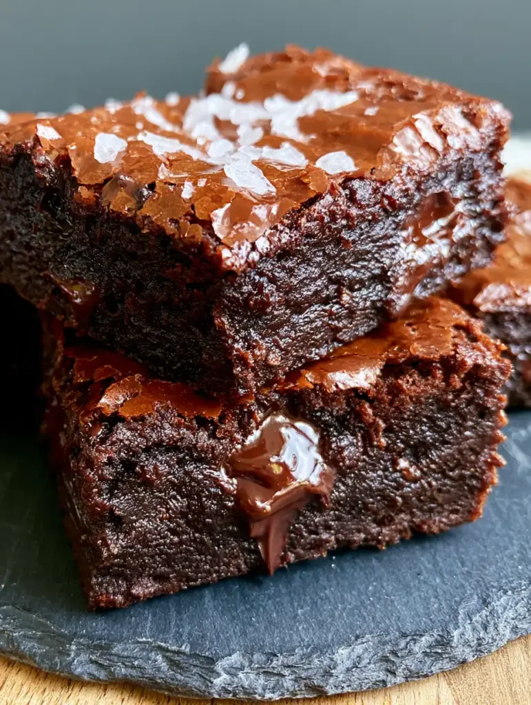 A close-up of brownies on a dark slate plate with melting dark chocolate and flakes of sea salt. (chewy brownie recipe)