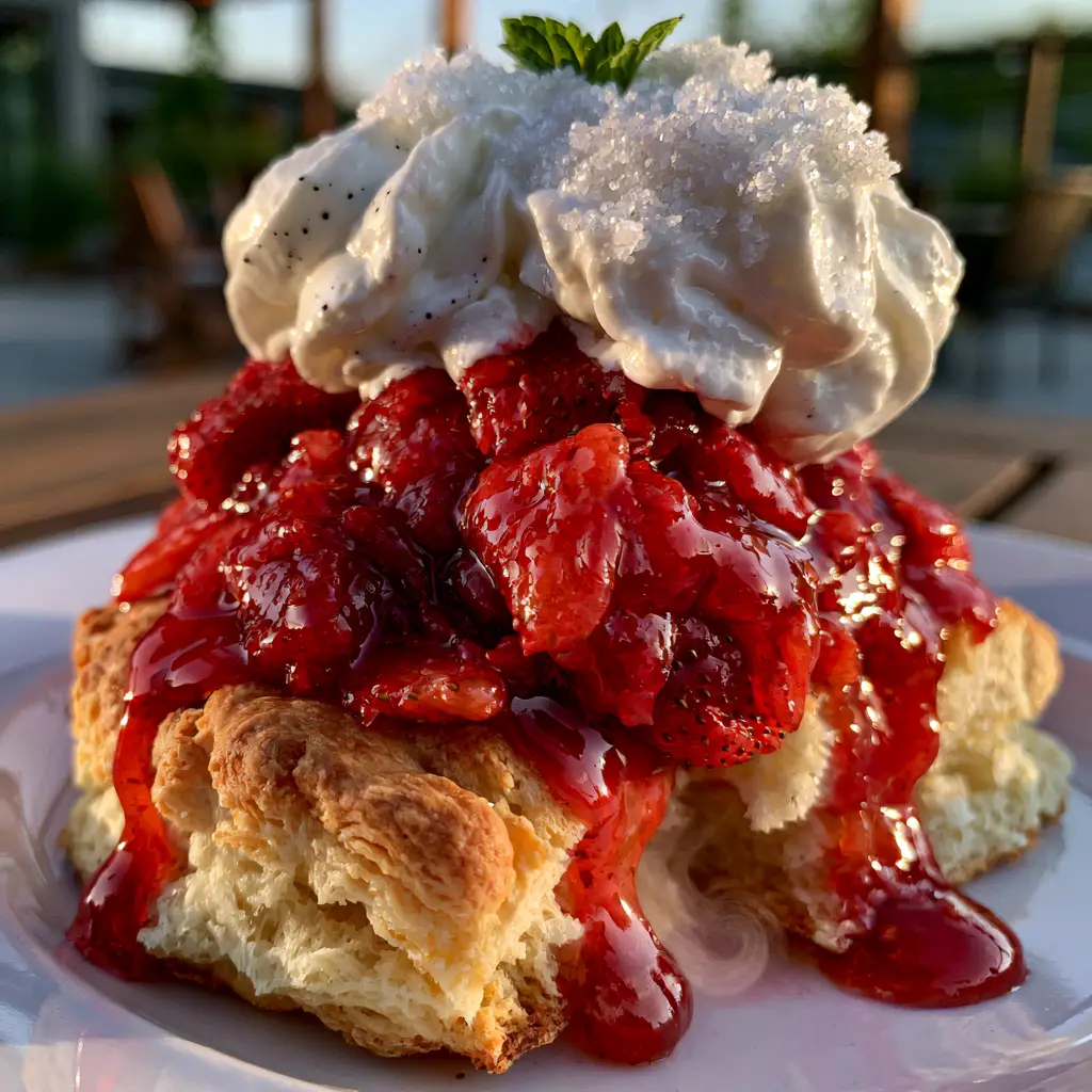 Top-down view of vanilla bean whipped cream with visible black specks and coarse sanding sugar on strawberry shortcakes.