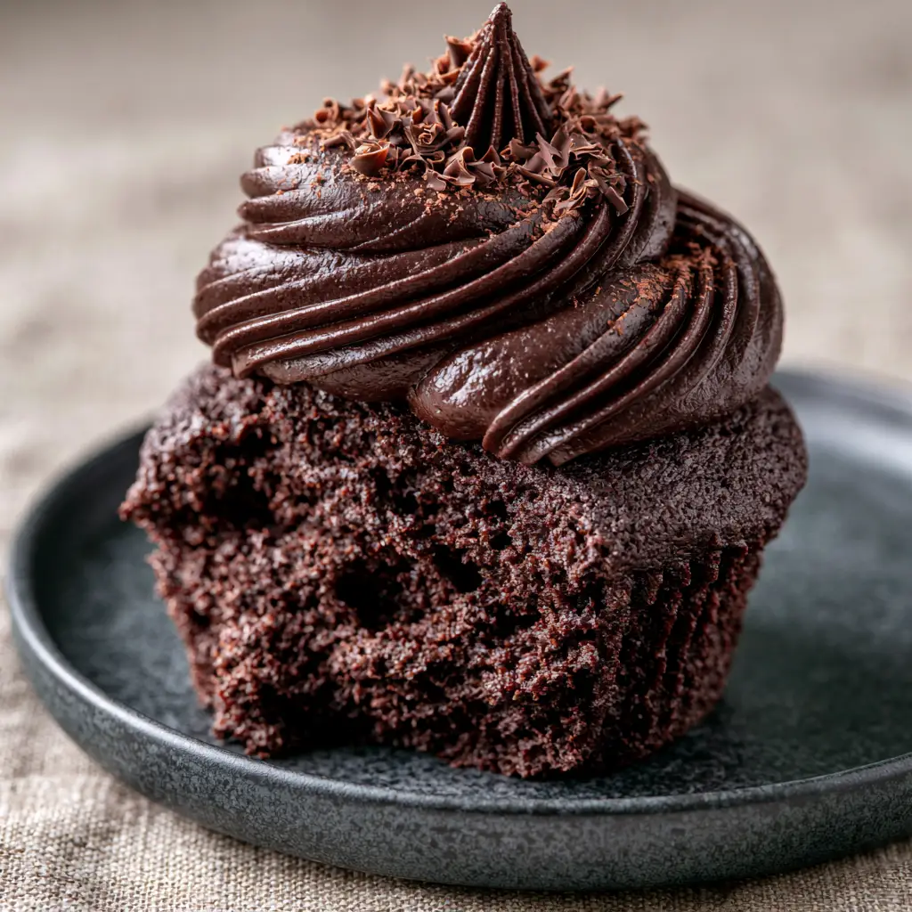 A professional shot of a vegan chocolate cupcake with sharp frosting ridges on a charcoal plate.
