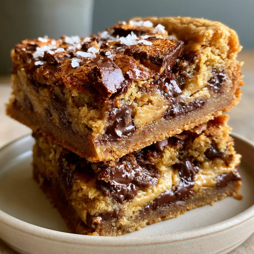 Handheld smartphone photo of peanut butter chocolate chip cookie bars with toasted chunks and flaky sea salt.