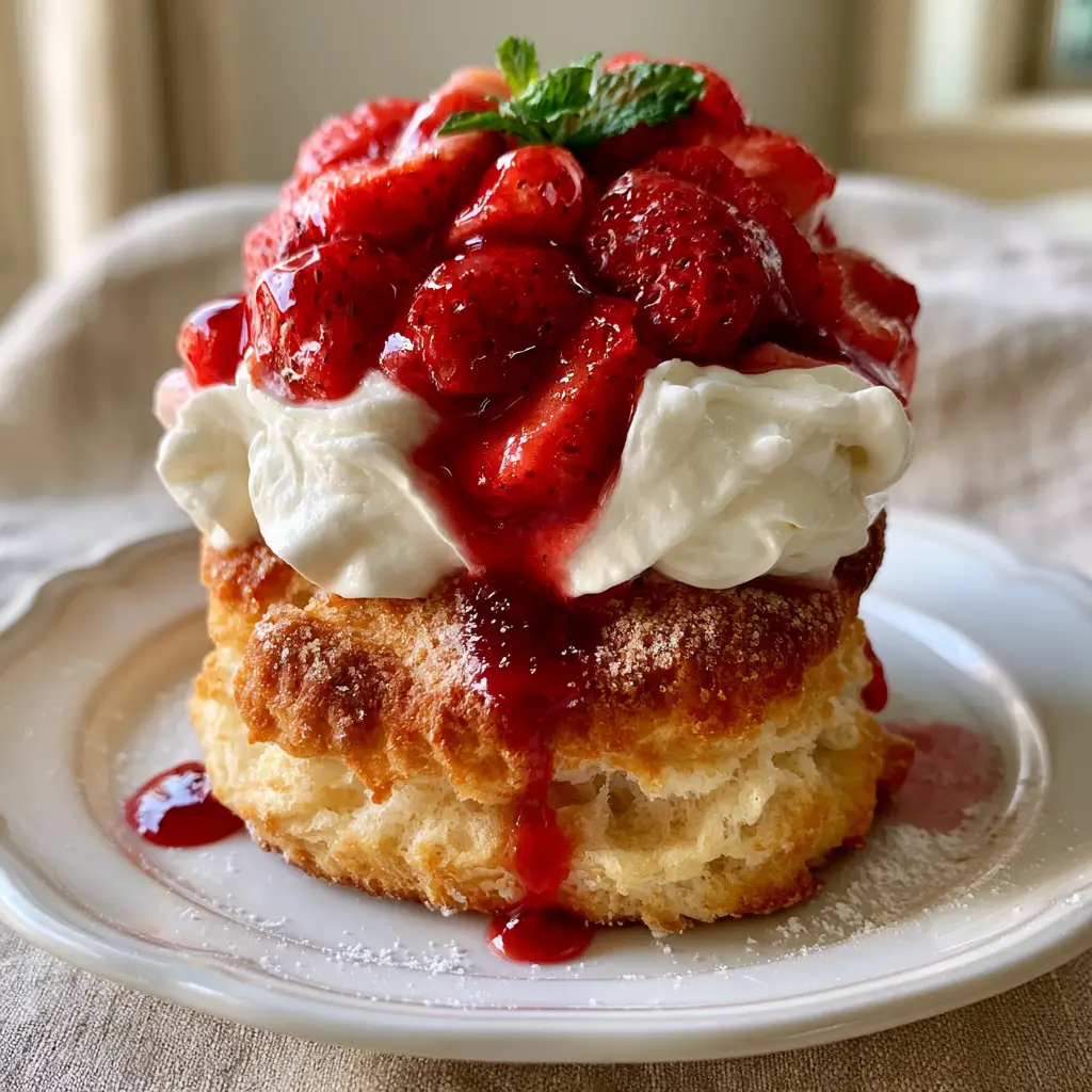 Side view of Strawberry Shortcake showing the ruby-red syrup dripping down the golden buttermilk biscuit crust.