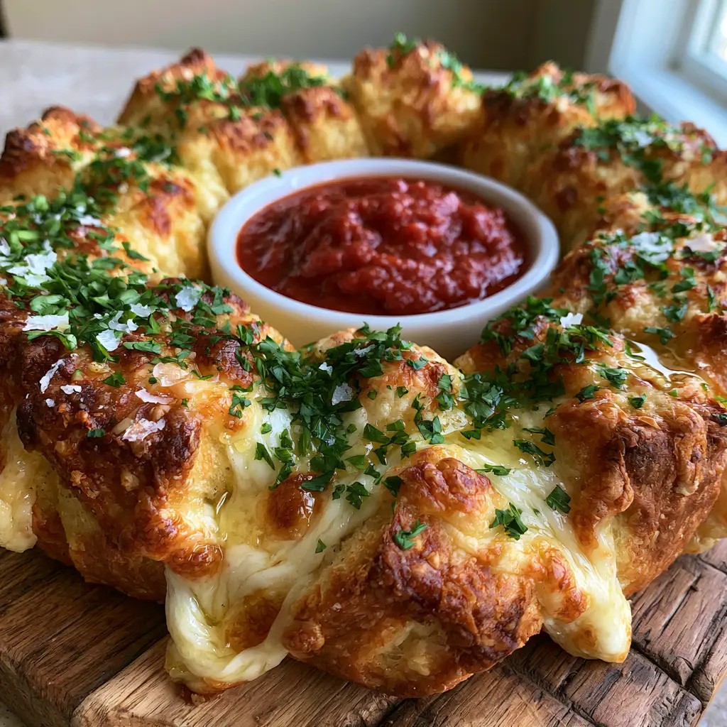 Freshly baked garlic bread ring topped with parsley and flaky sea salt on a rustic wooden board.