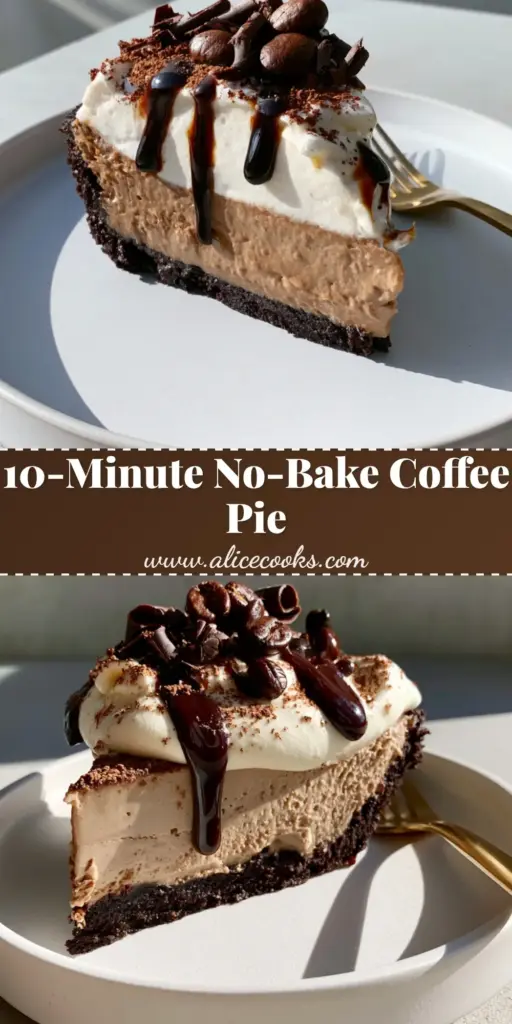 A close-up shot of a slice of no-bake coffee pie recipe featuring dark chocolate crust and espresso cream layers.