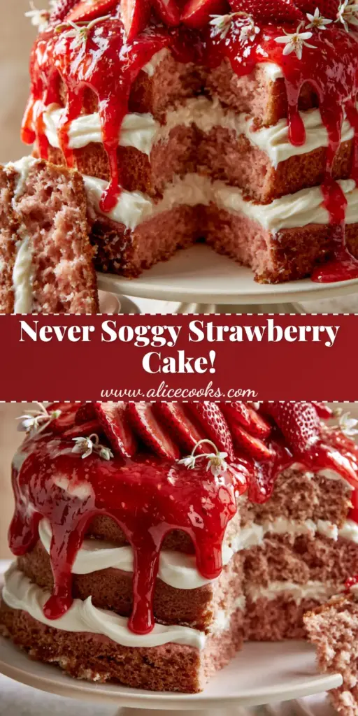A vertical shot of a three-tier Strawberry Cake with glossy red glaze and cream cheese frosting on an off-white pedestal.