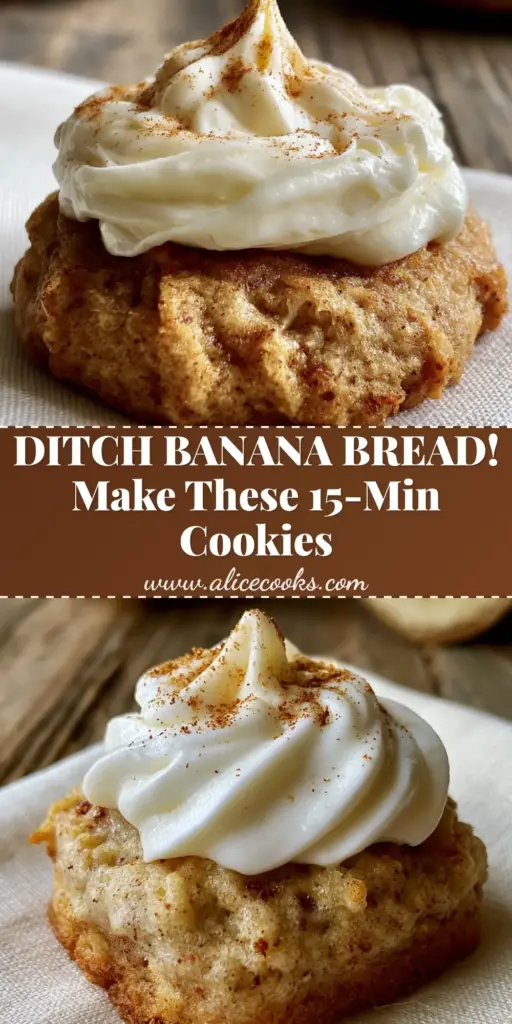 A stack of golden-brown Banana Spice Cookies with thick swirled cream cheese frosting and cinnamon dusting.