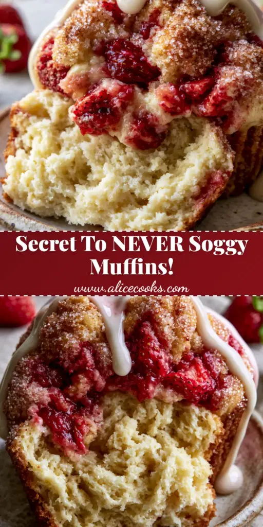 A close-up shot of a freshly baked strawberry shortcake muffin with a sky-high golden-brown crusted dome, bursting with jammy red strawberries and a thick white icing glaze.