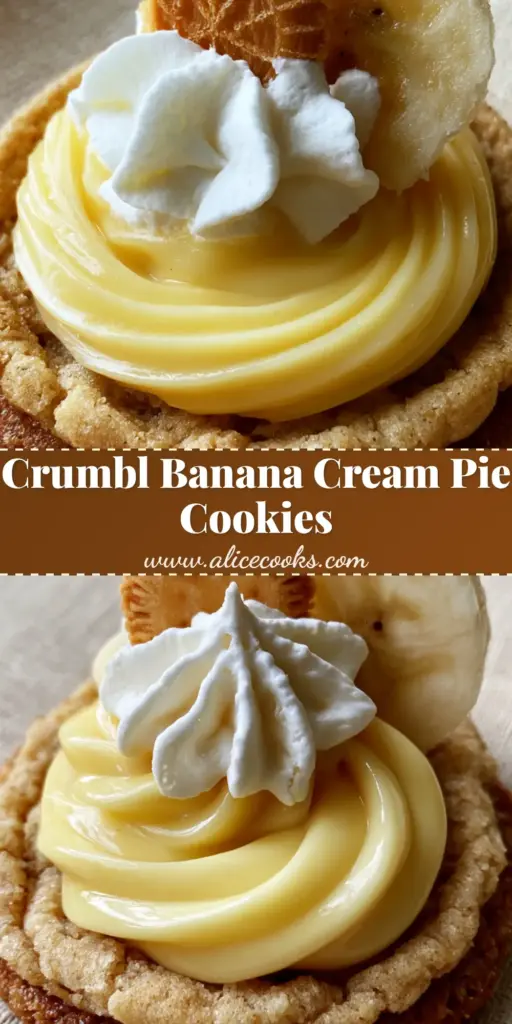 A tall vertical shot of banana cream pie cookies featuring a thick graham cracker base, glossy yellow pudding, whipped cream, and a mini wafer. (banana cream pie cookies)