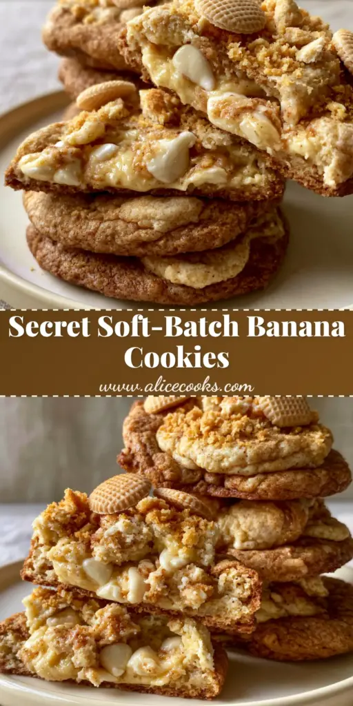 A stack of thick banana cream pudding cookies with mini Nilla wafers on top and a soft custard center visible.