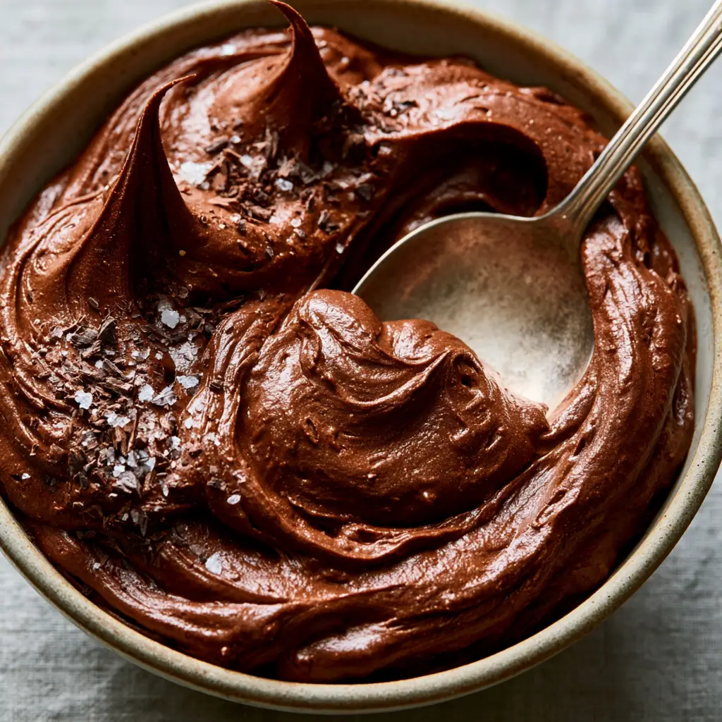 Velvet-smooth glossy cocoa swirls of chocolate frosting topped with fine dark chocolate shavings.