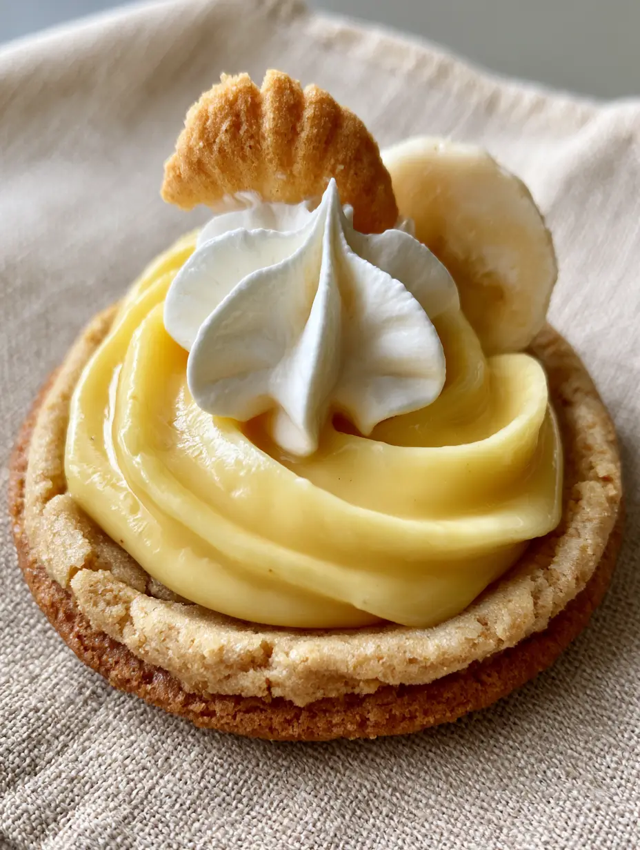 Close-up of a soft-batch banana cream pie cookie with a golden graham cracker crust and a star of whipped cream. (banana cream pie cookies)