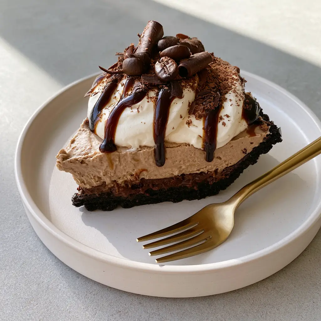 Top view of a coffee pie recipe showing the espresso-caramel drizzle and chocolate curls garnish.