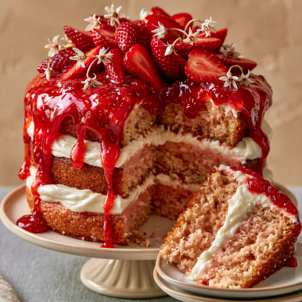 Top view of Strawberry Cake showing glossy red glaze, fresh strawberry slices, and white strawberry blossoms.
