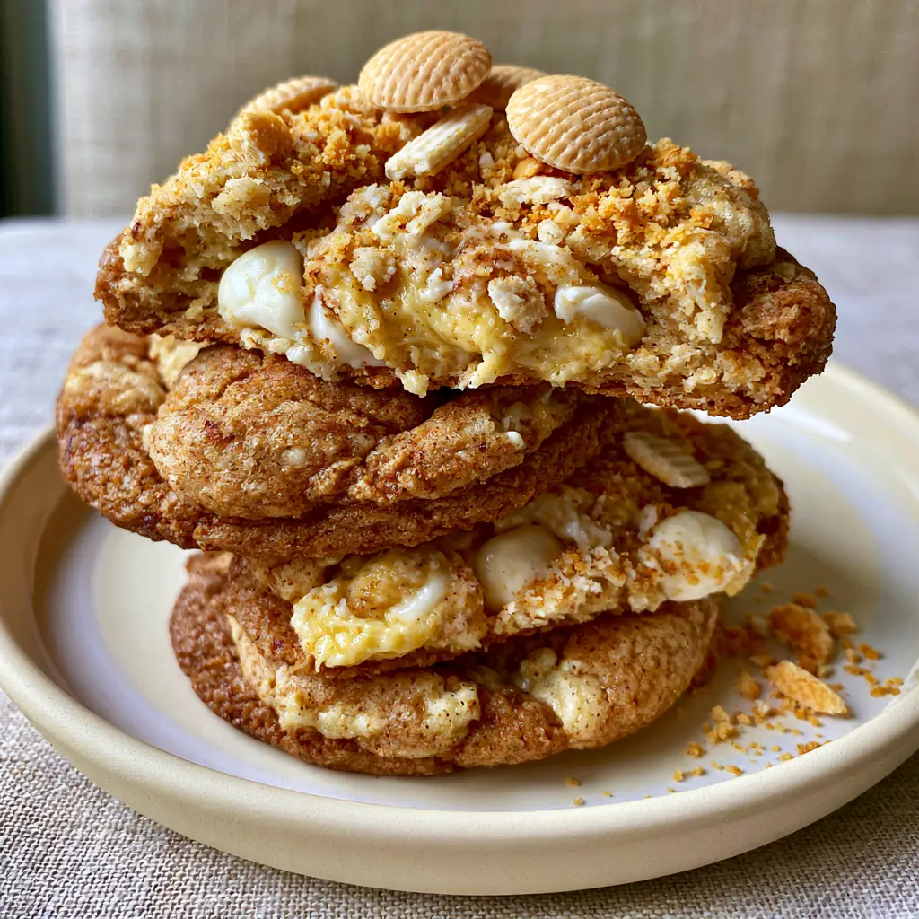 Handheld photo of a rustic stack of golden-brown banana cream pudding cookies on a ceramic plate.