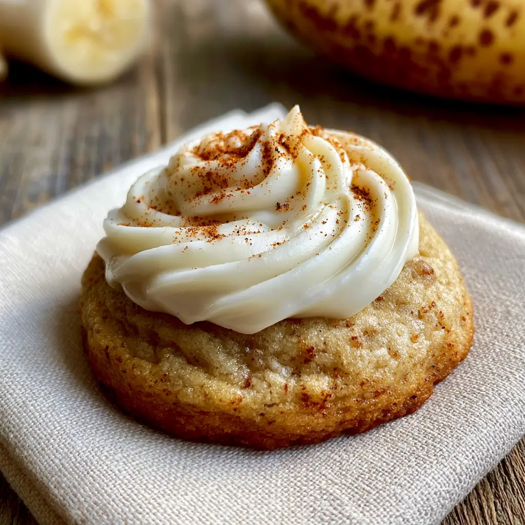 45-degree angle shot of frosted Banana Spice Cookies with autumn spice dusting on a rustic wooden table.