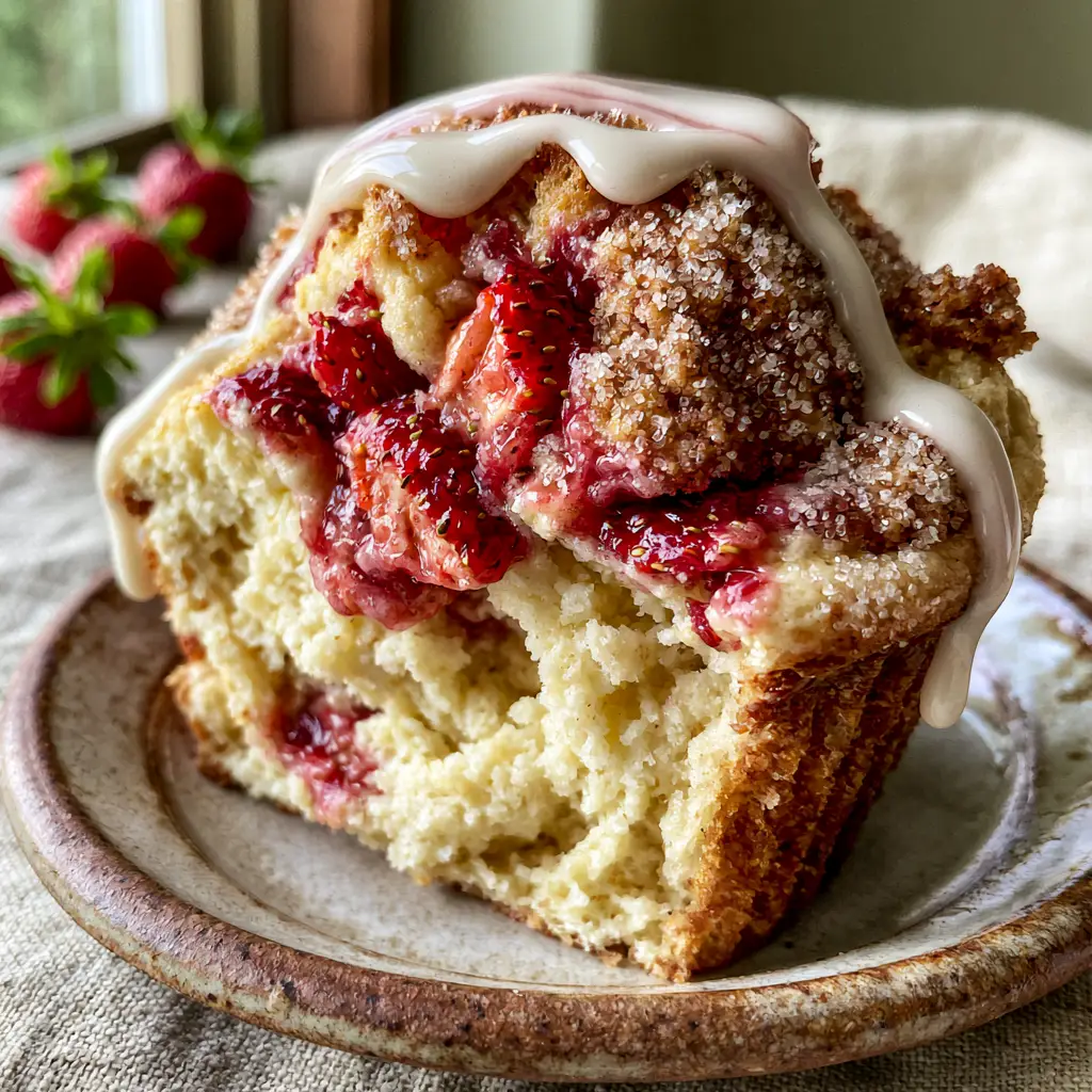 A close-up of a Strawberry Shortcake Muffin with a sparkling coarse sugar crust and thick white icing glaze dripping down the sides.
