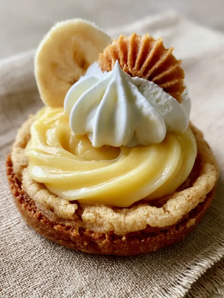 A detailed angle of banana cream pie cookies showing the glossy banana custard swirl and fresh banana garnish.