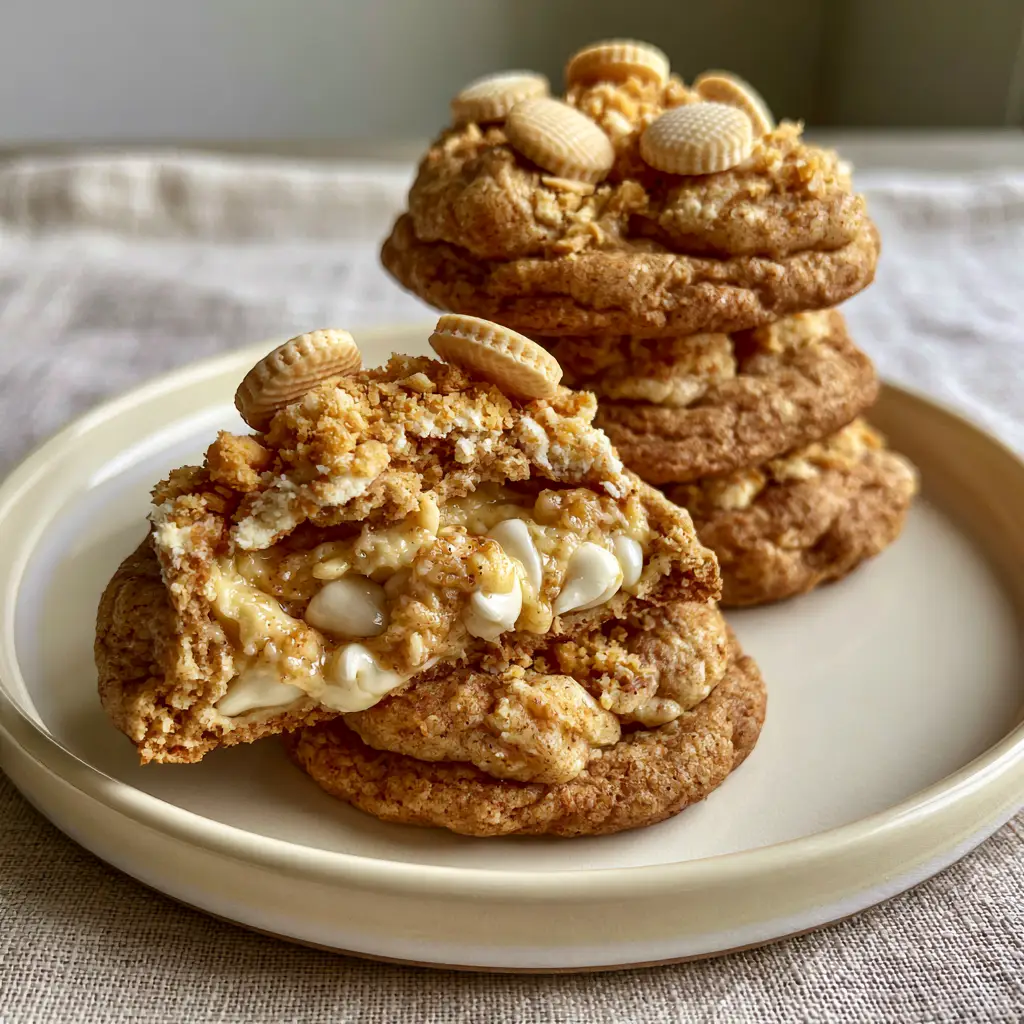 Close-up of a split banana cream pudding cookie showing a moist yellow pudding center and white chocolate chips.