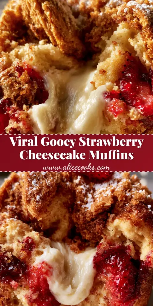 A stack of Strawberry Cheesecake Muffins showing the golden-brown crumb and jammy strawberry chunks.