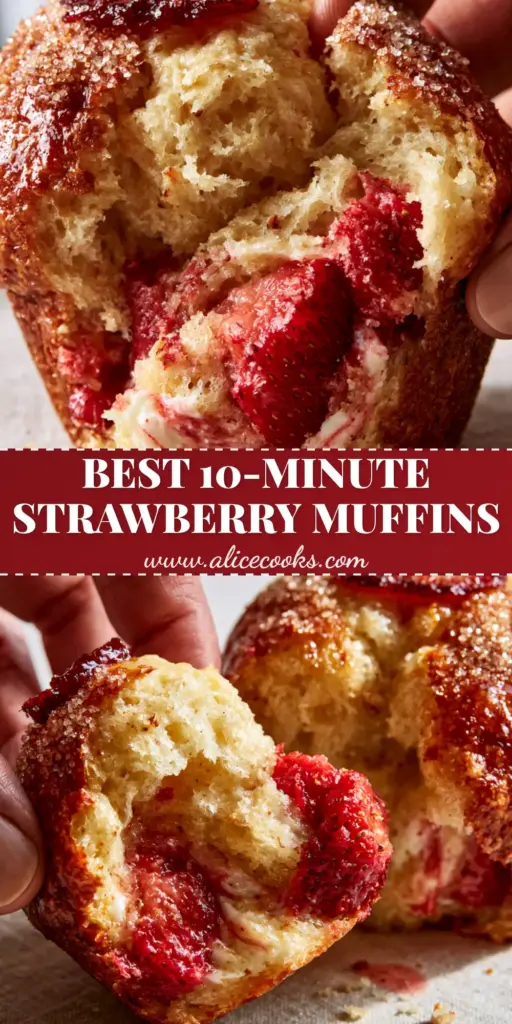 Strawberry Muffins with Sparkling Sugar Crust and Greek Yogurt Swirls 4 A close-up vertical shot of a bakery-style strawberry muffin with a sparkling sugar crust and roasted strawberry topper. (Strawberry Muffins)