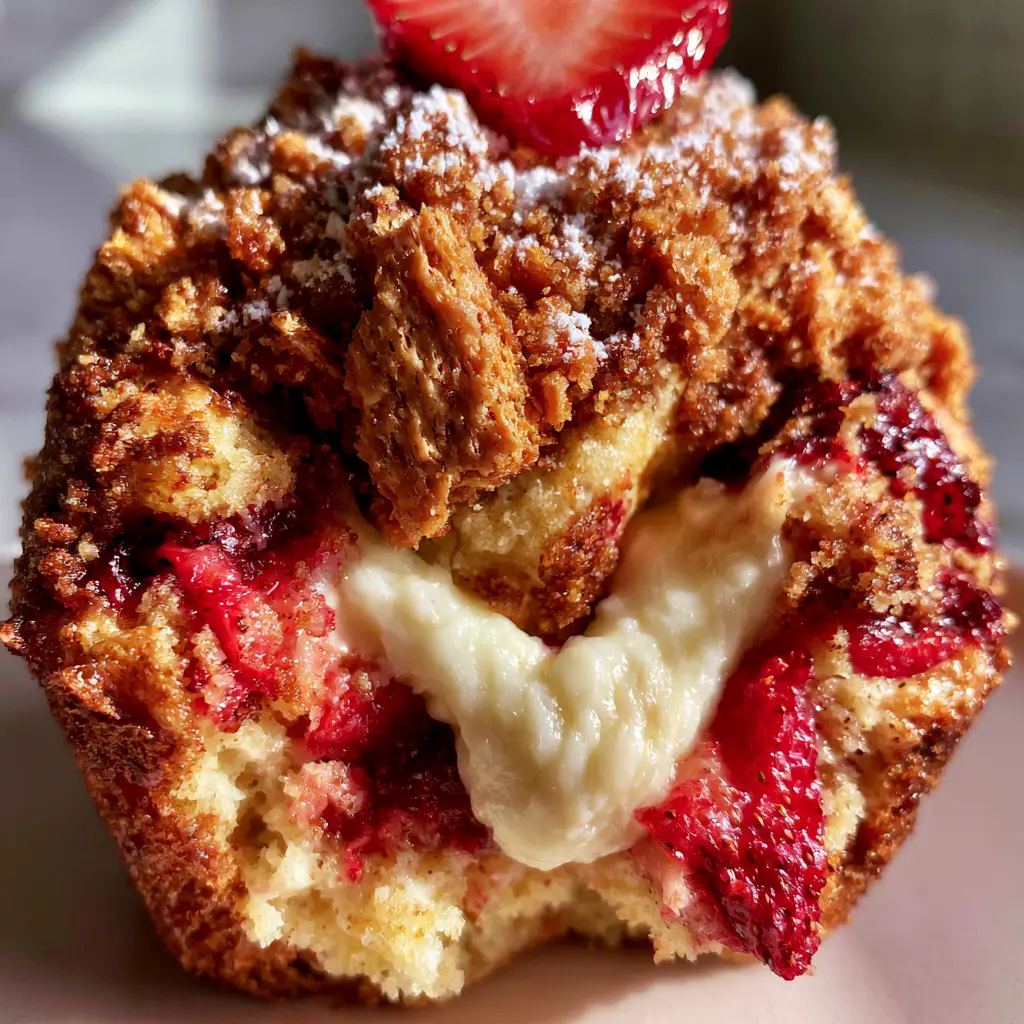 Close-up of the jagged graham cracker crumble and fresh strawberry garnish on top of Strawberry Cheesecake Muffins.