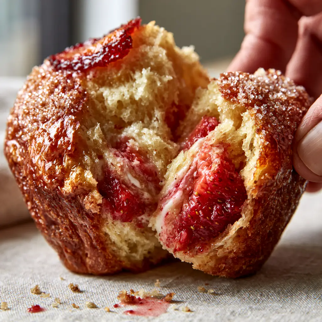 Strawberry Muffins with Sparkling Sugar Crust and Greek Yogurt Swirls 2 Vertical close-up of a single high-domed strawberry muffin being pulled apart to reveal a steaming gold crumb and Greek yogurt swirls. (Strawberry Muffins)