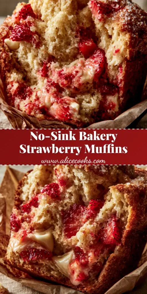 A towering bakery-style strawberry white chocolate muffin split open to show a moist golden crumb and melted chips. (strawberry white chocolate muffins)