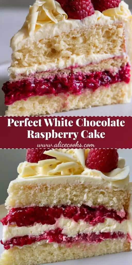 A close-up slice of white chocolate raspberry cake showing layers of vanilla sponge and ruby-red coulis filling.