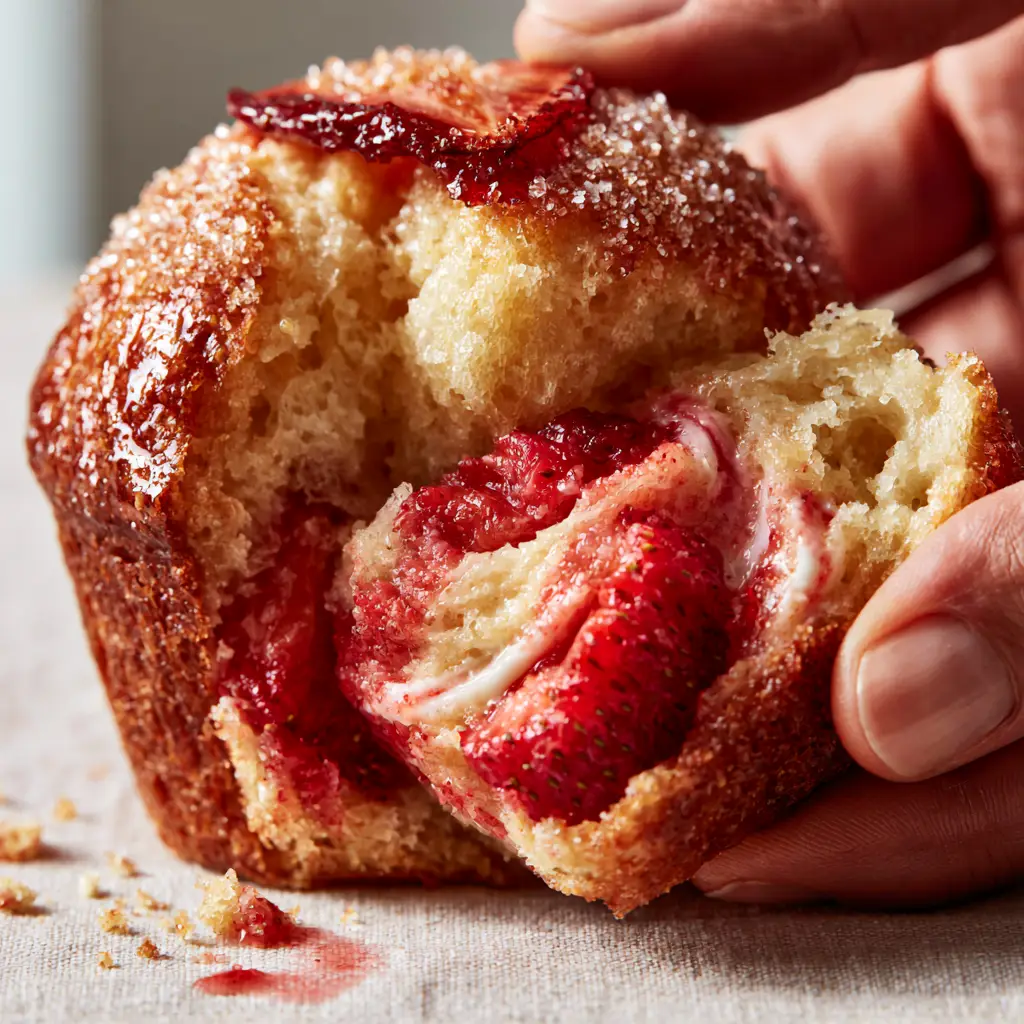 Strawberry Muffins with Sparkling Sugar Crust and Greek Yogurt Swirls 1 Extreme close-up of massive fresh strawberry chunks inside a pale gold muffin crumb with a sparkling sugar top.