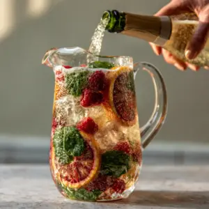 Hand pouring prosecco into a pitcher with blood orange wheels and raspberries. (pitcher cocktails)
