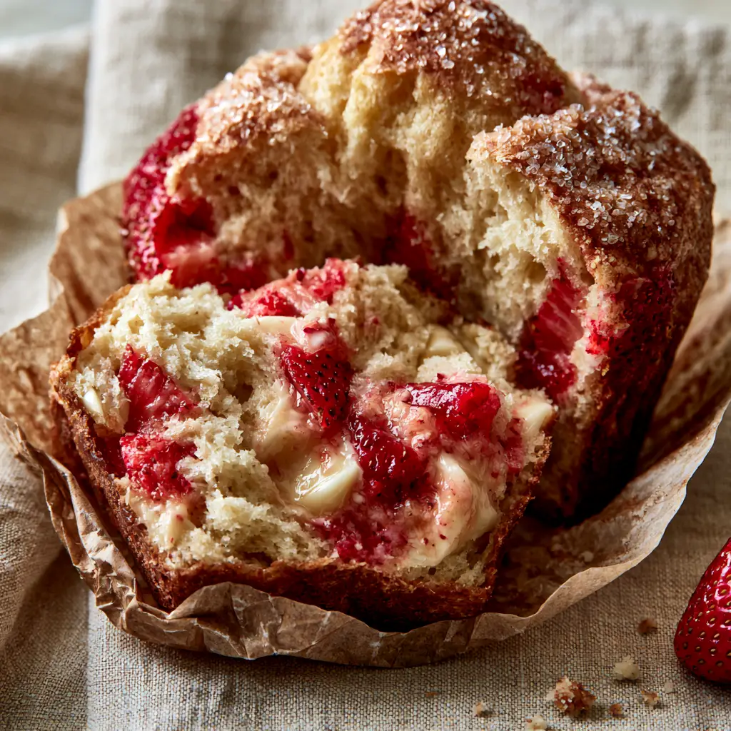 Close-up of a golden-brown strawberry white chocolate muffin in a brown parchment liner with sparkling sugar. (strawberry white chocolate muffins)
