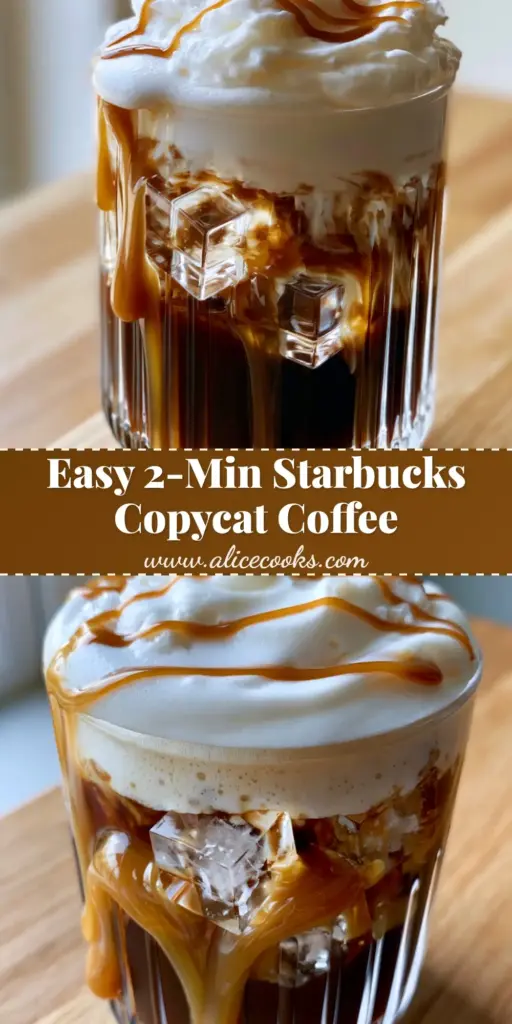 A Starbucks copycat caramel iced coffee in a ribbed glass with layered cold foam and caramel drizzle on a wooden counter. (caramel iced coffee)