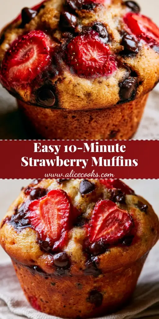 A tall bakery-style strawberry chocolate chip muffin with a golden brown top, melted dark chocolate, and fresh strawberry slices on a rustic linen napkin.