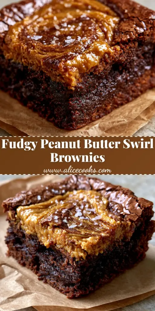 A stack of thick, fudgy peanut butter brownies with a glossy gold marble swirl and flaky sea salt on brown parchment paper.