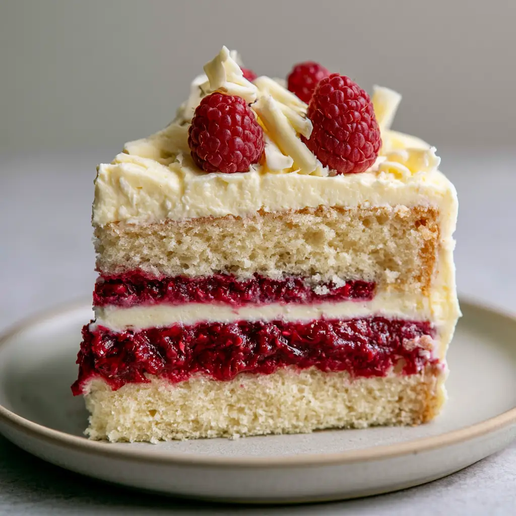 Home 6 A handheld smartphone photo of a white chocolate raspberry cake slice on a ceramic plate.