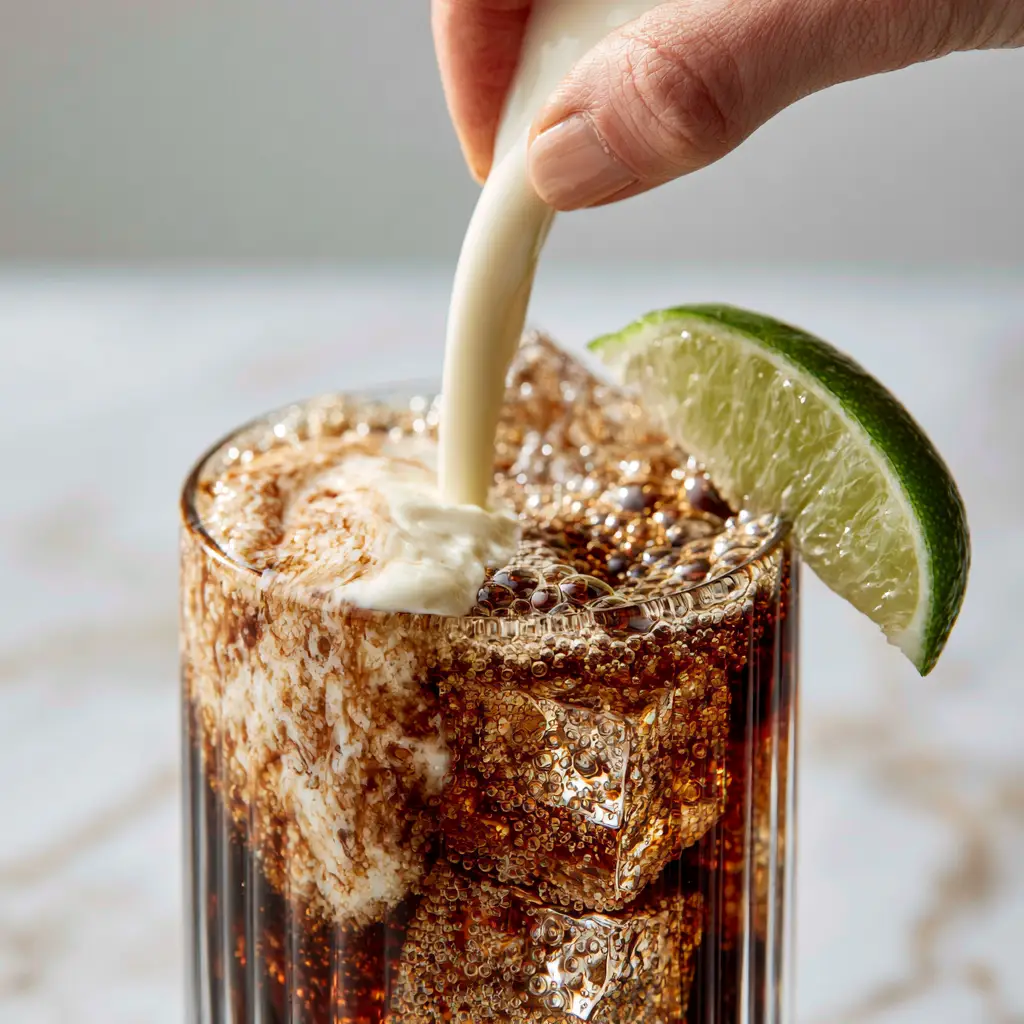 Close up of thick heavy cream being poured into effervescent dark cola over square ice cubes. (dirty soda recipe)