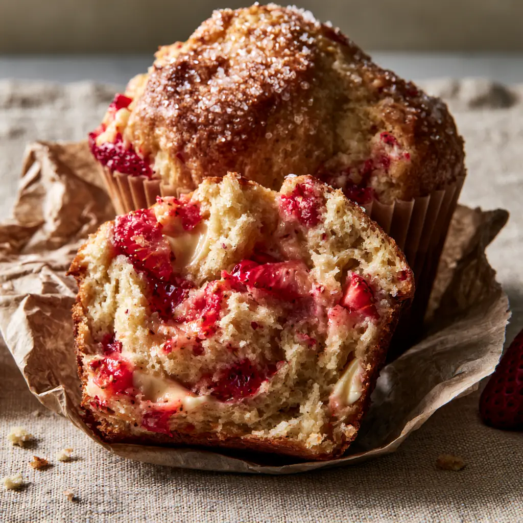 Two strawberry white chocolate muffins on a linen cloth, showing vibrant fruit and melted chocolate chips.