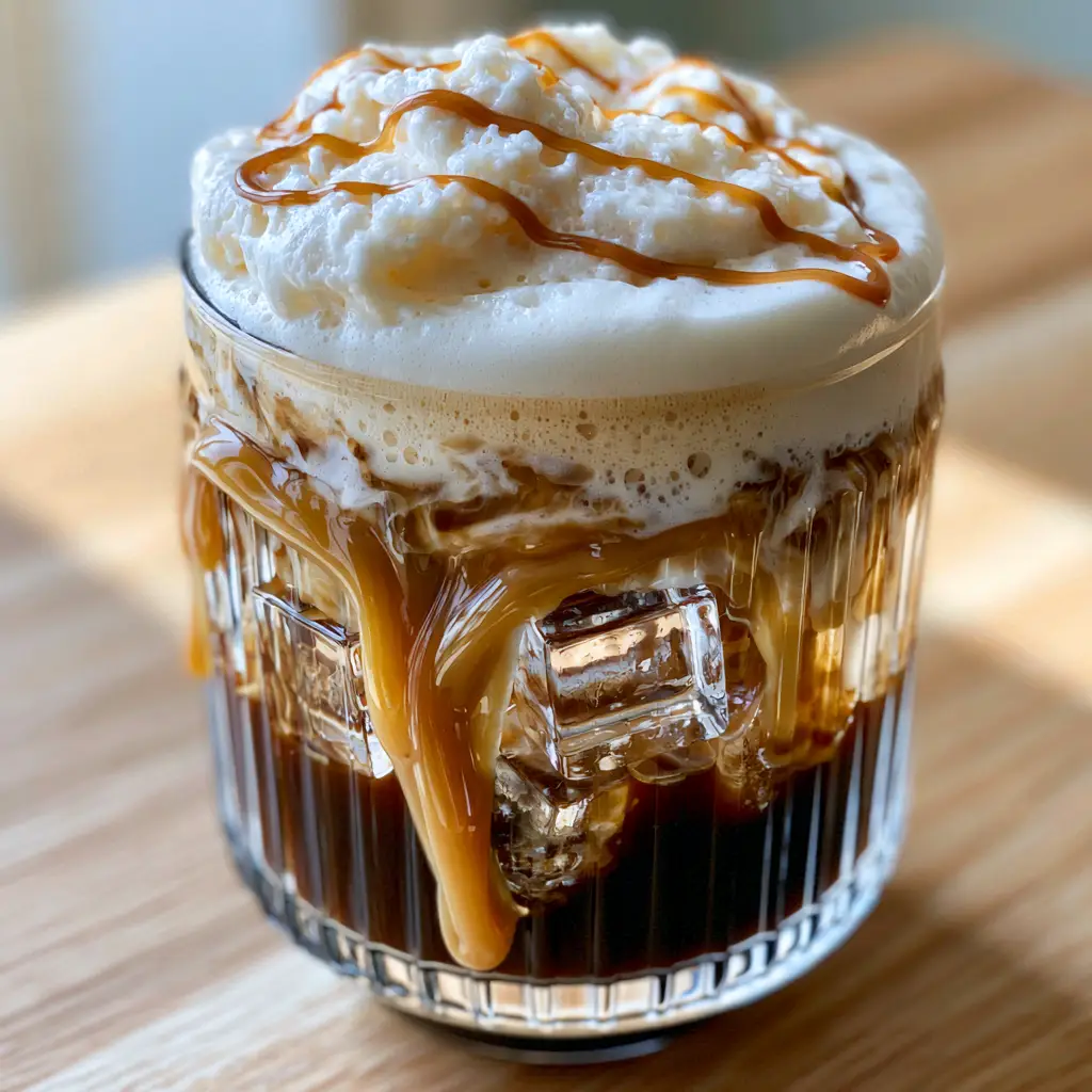 Close-up of caramel iced coffee layers showing dark espresso and thick white cold foam. (caramel iced coffee)