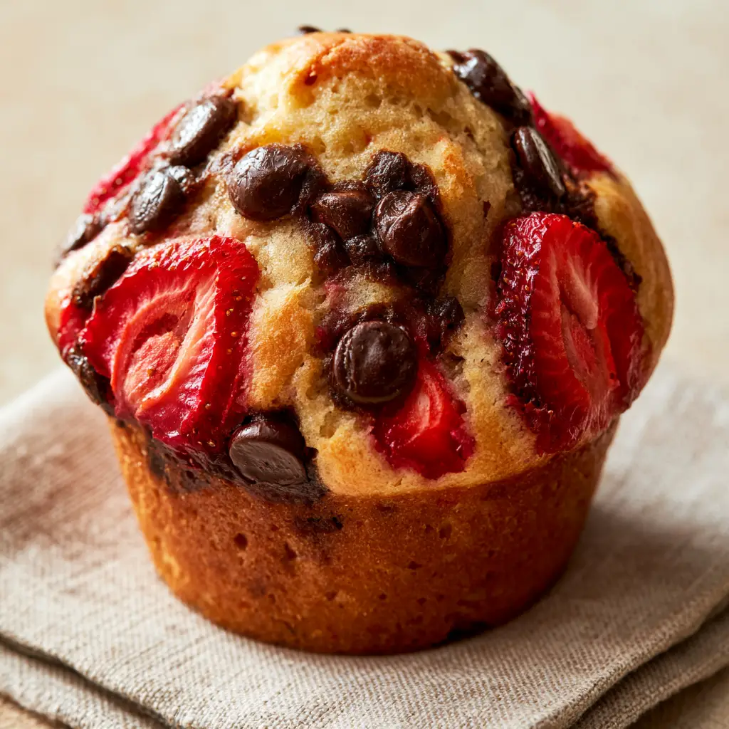 Close-up of a moist strawberry chocolate chip muffin showing the fluffy crumb and glistening dark chocolate chips.