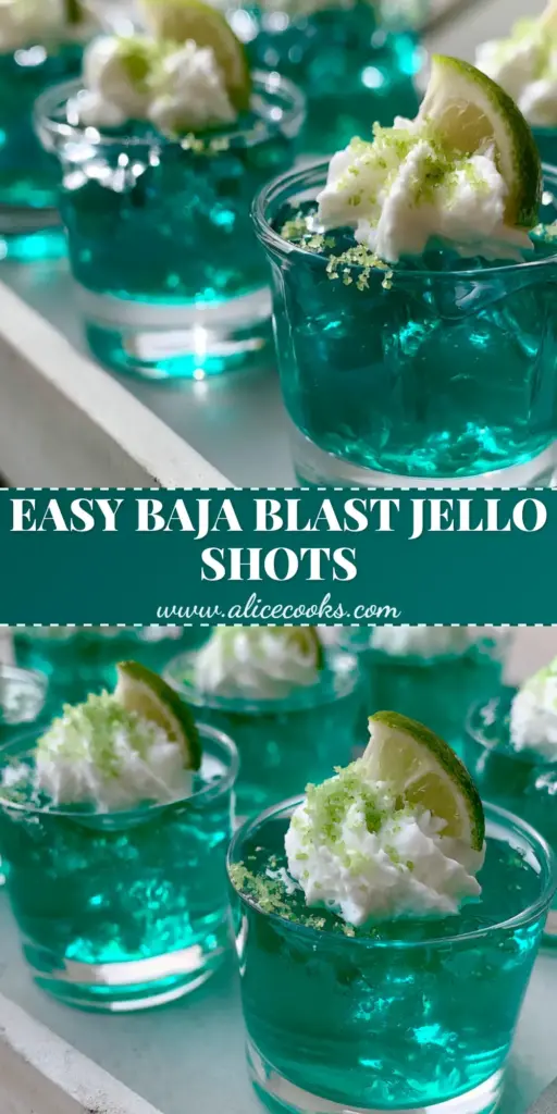 A close-up of Baja Blast jello shots with translucent teal gelatin, whipped cream, and lime wedges on a concrete tray.