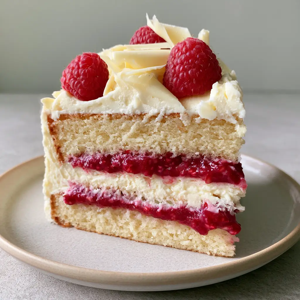 Garnish detail of a white chocolate raspberry cake with fresh raspberries and chocolate curls.