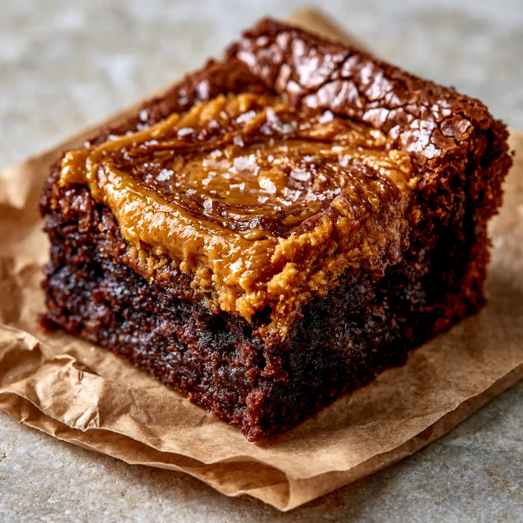 Close-up high angle shot of a dense fudgy chocolate peanut butter brownies square showing the chewy center and shiny crust.
