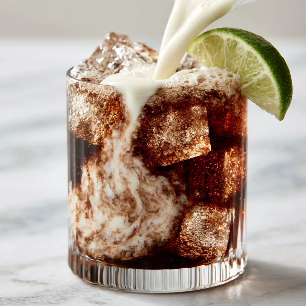 Dirty Soda Recipe: The Ultimate Creamy Coconut Lime Swig Copycat 1 A finished dirty soda in a ribbed glass on a marble background with bubbles and lime garnish.