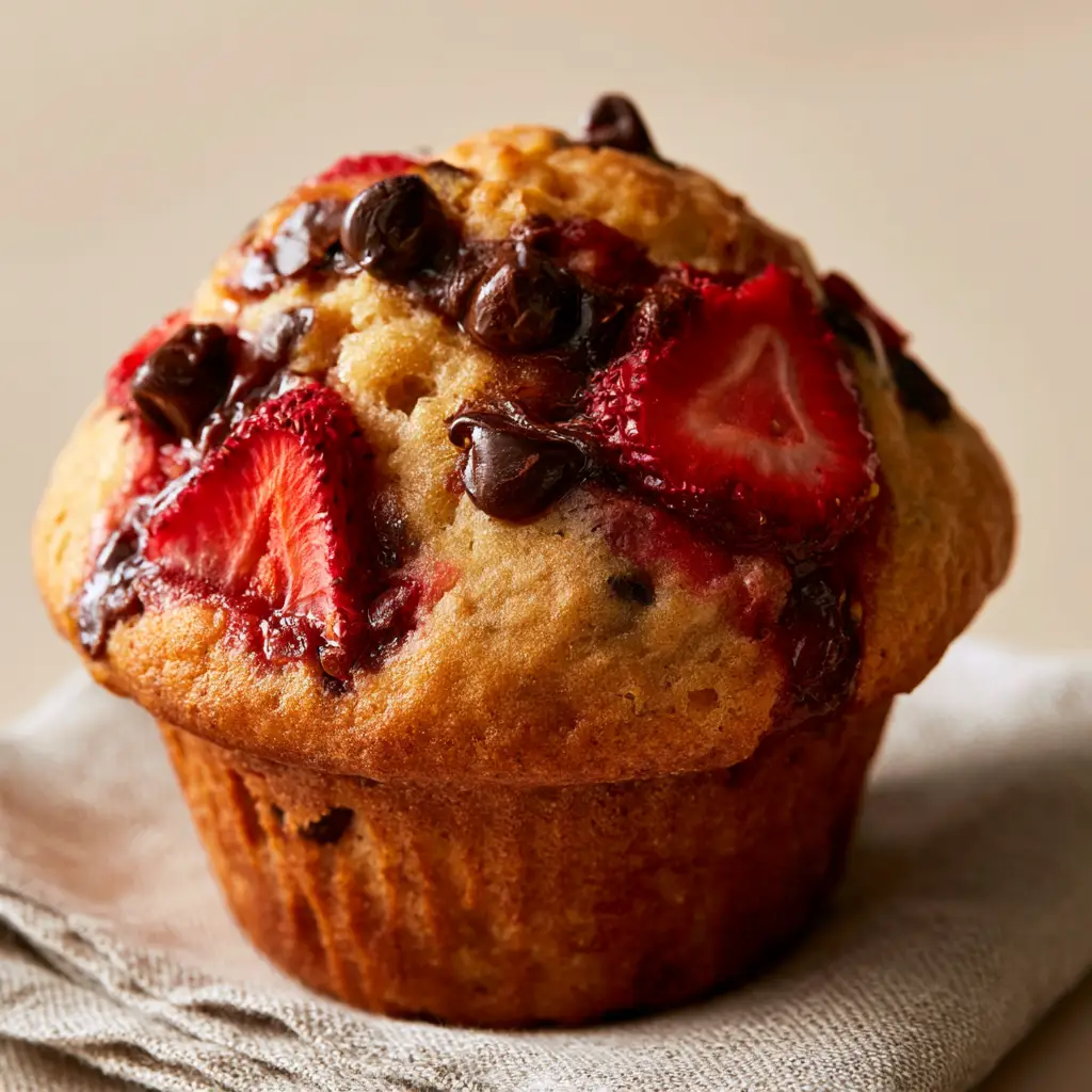 A high-domed strawberry chocolate chip muffin with golden-brown edges and vibrant red berry slices baked on top.