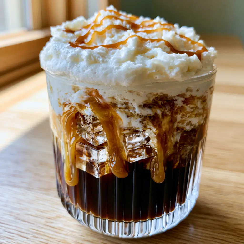 Handheld photo of caramel iced coffee in a modern glass with golden sauce drizzles.