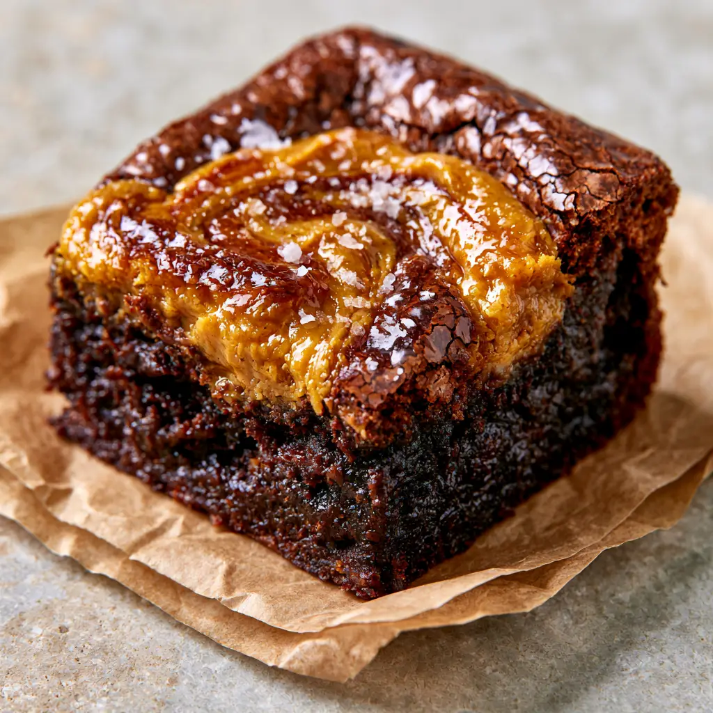 A close-up of peanut butter brownies marbled top with golden swirls and sea salt flakes.