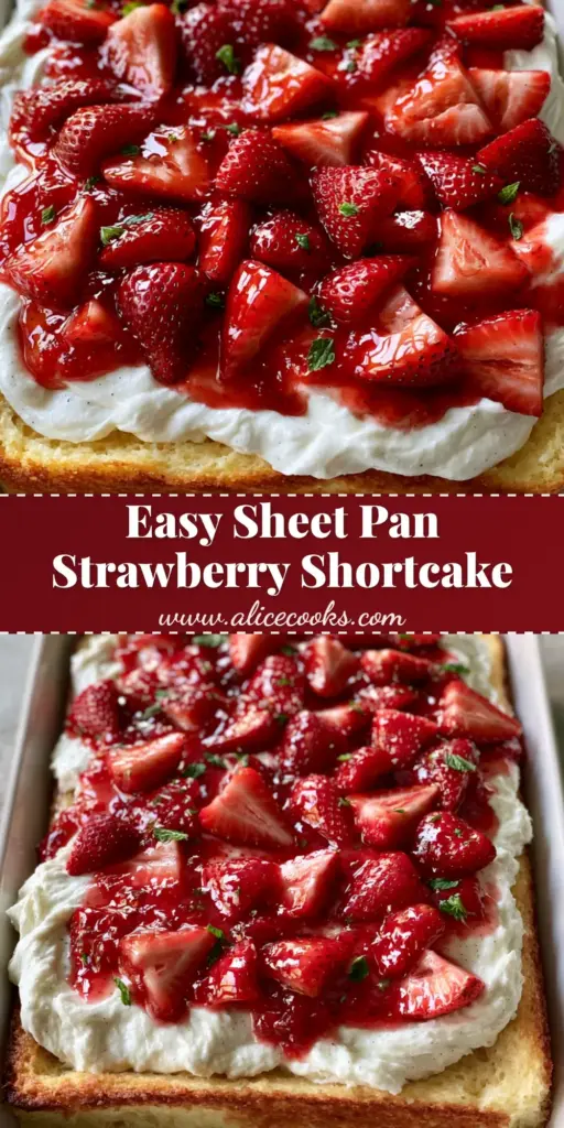 Overhead smartphone photo of a golden sheet pan strawberry shortcake in a white ceramic dish topped with vanilla bean cream, glossy red glaze, and mint.