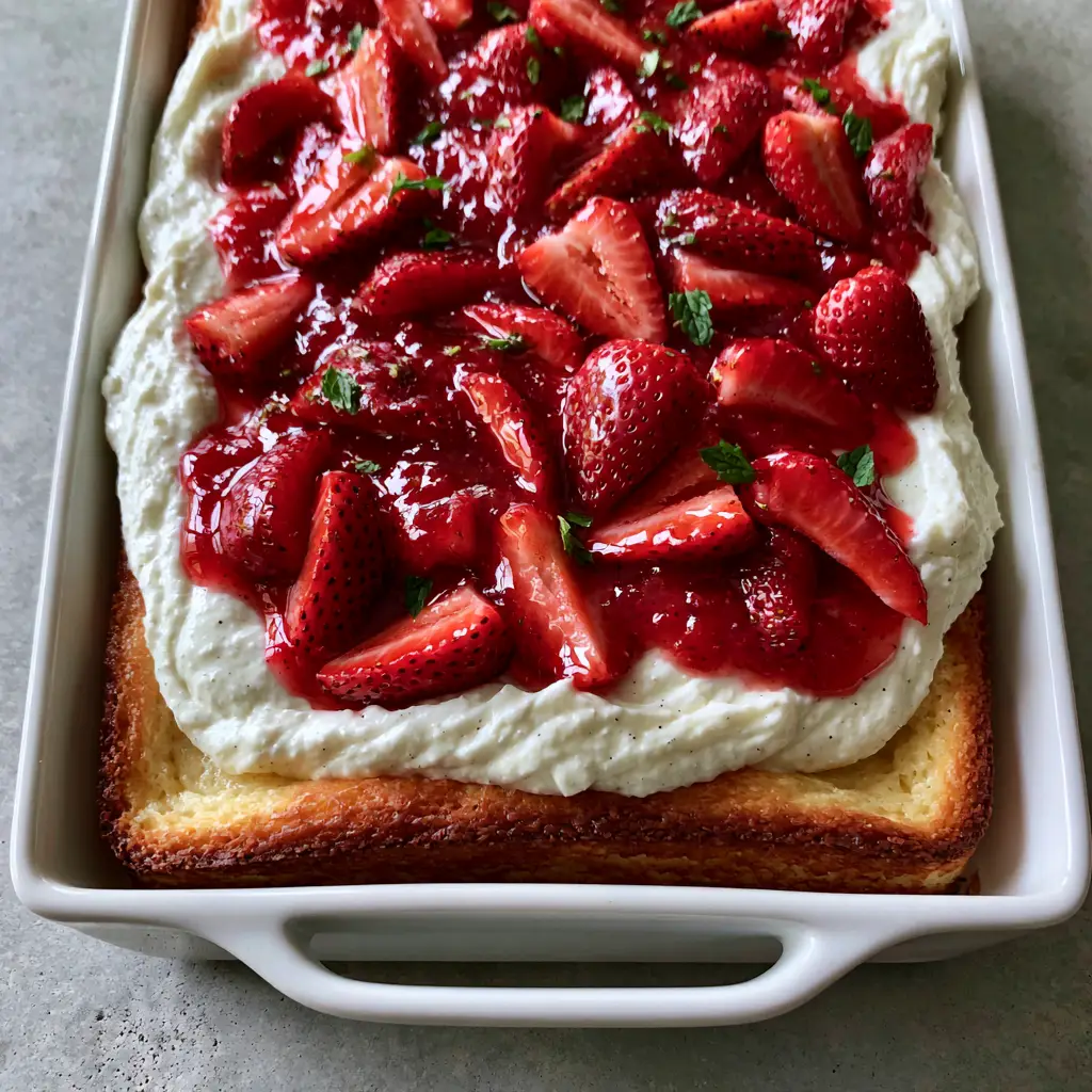 Close up of the thick, fluffy moist vanilla sponge cake layer with a golden-crusted edge. (sheet pan strawberry shortcake)